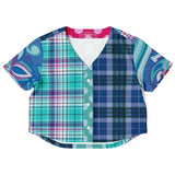 Cerulean Paisley Plaid Cropped Button Front Jersey Cropped Baseball Jersey - Thathoodyshop