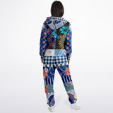 Blue Andalusian Floral Plaid Patchwork Fleece Unisex Romper Fleece Jumpsuit - Thathoodyshop