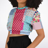 Pink Sherbert Floral Patchwork Plaid Cropped Sweater Cropped Short Sleeve Sweater - Thathoodyshop