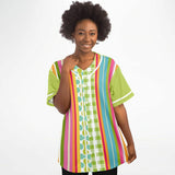 Green Anjou Pear Striped Patchwork Button Front Jersey Short Sleeve Button Down Shirt - Thathoodyshop