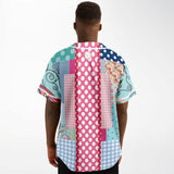 Pink Sherbert Floral Patchwork Plaid Button Front Jersey Baseball Jersey - Thathoodyshop