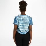 Blue Geo Patchwork Cropped Button Front Jersey Cropped Baseball Jersey - AOP - Thathoodyshop