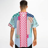 Pink Sherbert Floral Patchwork Plaid Button Front Jersey Baseball Jersey - Thathoodyshop