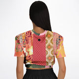 Yogananda Pink Floral Patchwork Short Sleeve Cropped Eco-Poly Sweater Cropped Short Sleeve Sweater - Thathoodyshop