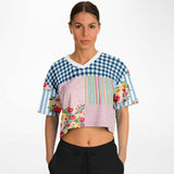 Pink Sherbert Floral Patchwork Plaid Crop Jersey Cropped Football Jersey - Thathoodyshop