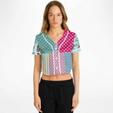 Pink Sherbert Floral Patchwork Plaid Cropped Button Front Jersey Cropped Baseball Jersey - Thathoodyshop