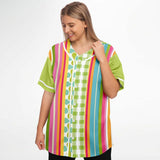 Green Anjou Pear Striped Patchwork Button Front Jersey Short Sleeve Button Down Shirt - Thathoodyshop