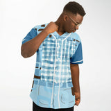 Blue Geo Patchwork Plaid Baseball Jersey Baseball Jersey - AOP - Thathoodyshop