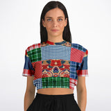 Busan Fleur Floral Plaid Patchwork Cropped Sweater Cropped Short Sleeve Sweater - Thathoodyshop