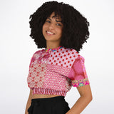 Gypsy Beat Pink Patchwork Short Sleeve Cropped Sweater Athletic Cropped Short Sleeve Sweatshirt - AOP - Thathoodyshop
