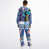 Blue Andalusian Floral Plaid Patchwork Fleece Unisex Romper Fleece Jumpsuit - Thathoodyshop