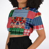 Busan Fleur Floral Plaid Patchwork Cropped Sweater Cropped Short Sleeve Sweater - Thathoodyshop