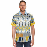 Tallulah Bankhead Yellow Ikat Patchwork Short Sleeve Button Down Shirt Short Sleeve Button Down Shirt - Thathoodyshop