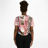 Pink Geo Patchwork Cropped Button Front Jersey Cropped Baseball Jersey - Thathoodyshop