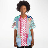 Pink Sherbert Floral Patchwork Plaid Button Front Jersey Baseball Jersey - Thathoodyshop