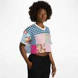 Pink Sherbert Floral Patchwork Plaid Crop Jersey Cropped Football Jersey - Thathoodyshop