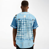 Blue Geo Patchwork Plaid Baseball Jersey Baseball Jersey - AOP - Thathoodyshop