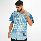 Blue Geo Patchwork Plaid Baseball Jersey Baseball Jersey - AOP - Thathoodyshop