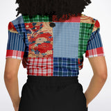 Busan Fleur Floral Plaid Patchwork Cropped Sweater Cropped Short Sleeve Sweater - Thathoodyshop