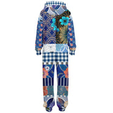 Blue Andalusian Floral Plaid Patchwork Fleece Unisex Romper Fleece Jumpsuit - Thathoodyshop