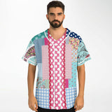 Pink Sherbert Floral Patchwork Plaid Button Front Jersey Baseball Jersey - Thathoodyshop