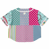 Pink Sherbert Floral Patchwork Plaid Cropped Button Front Jersey Cropped Baseball Jersey - Thathoodyshop