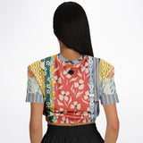 Tallulah Bankhead Yellow Patchwork Short Sleeve Cropped Eco-Poly Sweater Cropped Short Sleeve Sweatshirt - Thathoodyshop