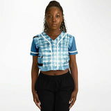 Blue Geo Patchwork Cropped Button Front Jersey Cropped Baseball Jersey - AOP - Thathoodyshop
