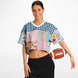 Pink Sherbert Floral Patchwork Plaid Crop Jersey Cropped Football Jersey - Thathoodyshop