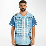Blue Geo Patchwork Plaid Baseball Jersey Baseball Jersey - AOP - Thathoodyshop
