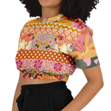 Yogananda Striped Floral Patchwork Short Sleeve Cropped Eco-Poly Sweater Cropped Short Sleeve Sweatshirt - Thathoodyshop