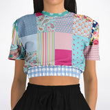 Pink Sherbert Floral Patchwork Plaid Cropped Sweater Cropped Short Sleeve Sweater - Thathoodyshop