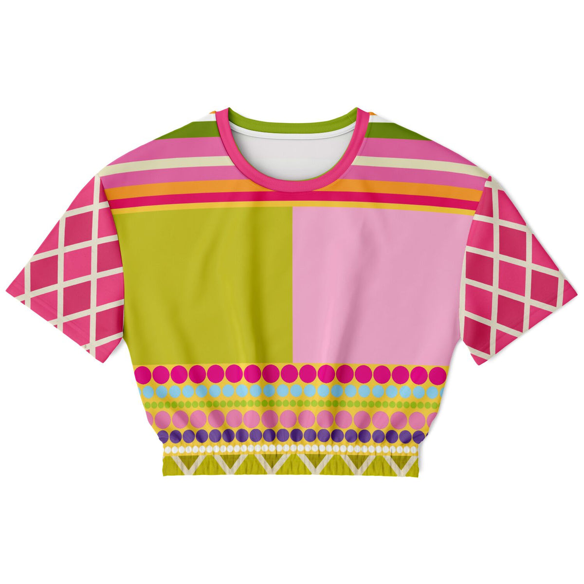 Hello Janis! Pink Spliced Short Sleeve Cropped Sweater