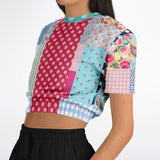 Pink Sherbert Floral Patchwork Plaid Cropped Sweater Cropped Short Sleeve Sweater - Thathoodyshop