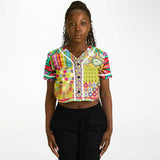 Hello Janis! Yellow Patchwork Cropped Button Front Jersey Cropped Baseball Jersey - Thathoodyshop