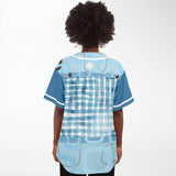 Blue Geo Patchwork Plaid Baseball Jersey Baseball Jersey - AOP - Thathoodyshop