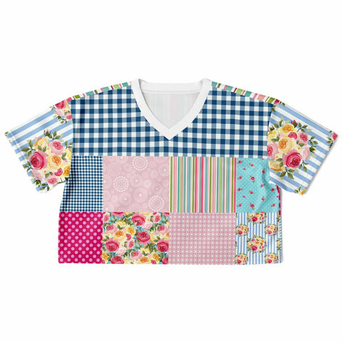 Pink Sherbert Floral Patchwork Plaid Crop Jersey Cropped Football Jersey - Thathoodyshop
