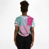 Pink Sherbert Floral Patchwork Plaid Cropped Button Front Jersey Cropped Baseball Jersey - Thathoodyshop