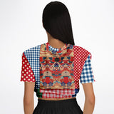 Busan Fleur Plaid Patchwork Cropped Sweater Cropped Short Sleeve Sweater - Thathoodyshop