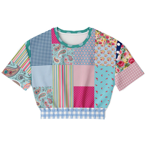 Pink Sherbert Floral Patchwork Plaid Cropped Sweater Cropped Short Sleeve Sweater - Thathoodyshop