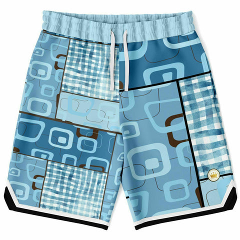 Blue Geo Patchwork Plaid Basketball Shorts Basketball Shorts - Thathoodyshop