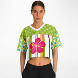 Green Anjou Pear Striped Floral Crop Jersey Cropped Football Jersey - Thathoodyshop