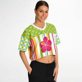 Green Anjou Pear Striped Floral Crop Jersey Cropped Football Jersey - Thathoodyshop