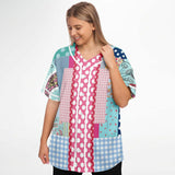 Pink Sherbert Floral Patchwork Plaid Button Front Jersey Baseball Jersey - Thathoodyshop