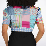 Pink Sherbert Floral Patchwork Plaid Cropped Sweater Cropped Short Sleeve Sweater - Thathoodyshop
