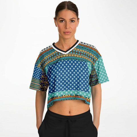 Many Blessings Patchwork Print Crop Jersey Cropped Football Jersey - Thathoodyshop