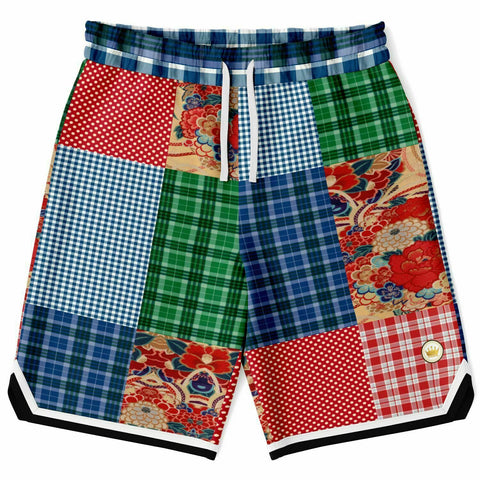 Busan Fleur Floral Plaid Patchwork Basketball Shorts Basketball Shorts - Thathoodyshop