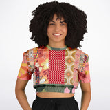 Yogananda Pink Floral Patchwork Short Sleeve Cropped Eco-Poly Sweater Cropped Short Sleeve Sweater - Thathoodyshop