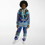 Blue Andalusian Floral Plaid Patchwork Fleece Unisex Romper Fleece Jumpsuit - Thathoodyshop