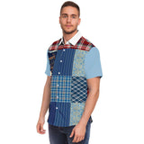 Andromeda Blue Patchwork Button Down Shirt Short Sleeve Button Down Shirt - Thathoodyshop